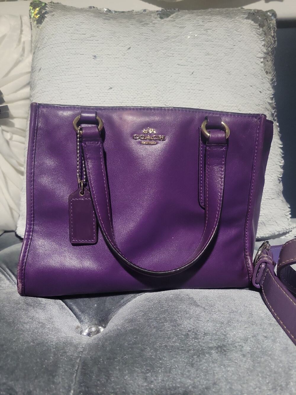 Coach Purple Leather Crosby Mini Carryall Satchel Handbag Double Handles